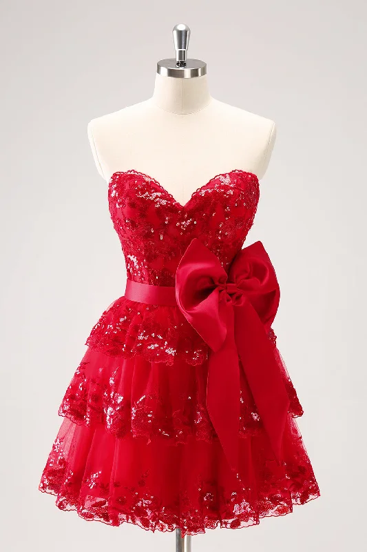 Your Dream Deal is Here!Sparkly Red A-Line Strapless Tiered Sequins Graduation Dress with Bow