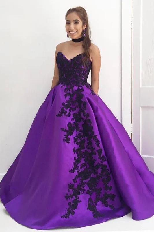 Don’t Wait – Deals Won’t Last!Sweetheart Ball Gown Purple Long Prom Dress with Black Appliques PG544