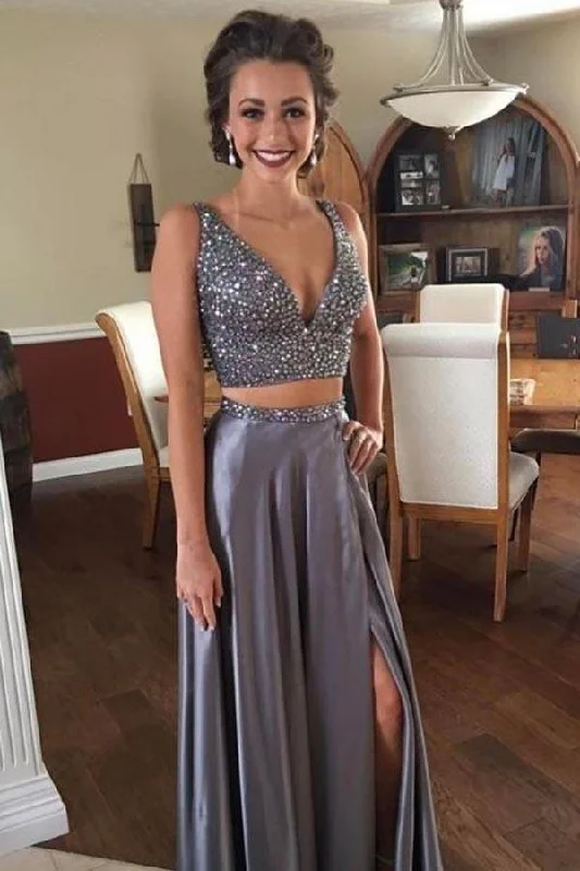 Your Exclusive Offer Awaits!Two Piece Deep V Neck  Slit Grey Satin Prom Dressses With Beading  PG526