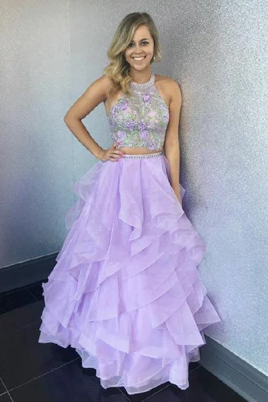Only a Few Left – Order Now!Two Piece Halter Floor-Length Organza Evening Dress with Appliques  PG528