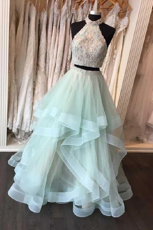 Hurry, Sale Ends Soon!Two Piece High Neck Floor-Length Open Back Mint Organza Prom Dress PG551