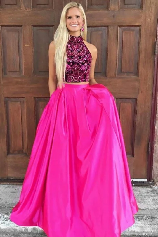 Lowest Prices Guaranteed!Two Piece High Neck Open Back Satin Prom Dress with Beading  PG531