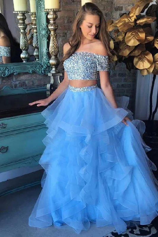 Get the Best for Less!Two Piece Off-the-Shoulder Blue Tiered Organza Prom Dress with Sequins PG520