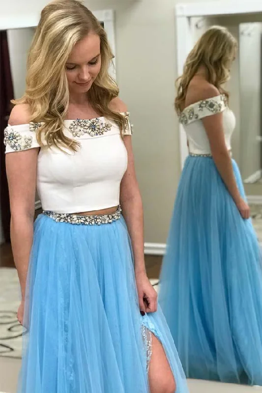 Act Fast – Limited Time Savings!Two Piece Off the Shoulder White and Blue Long Prom Dress with Side Slit PG542