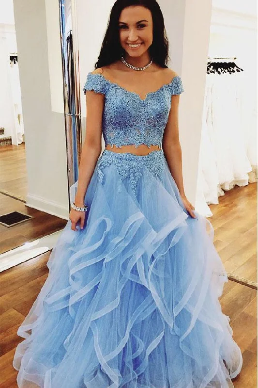 Shop Early, Save Big!Two Pieces Off Shoulder Short Sleeve Light Blue Lace Prom Dress  PG556