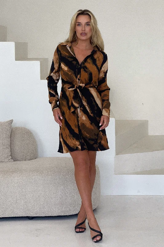 Save More with Every Purchase!Verity Brown Stripe Tie Front Mini Dress