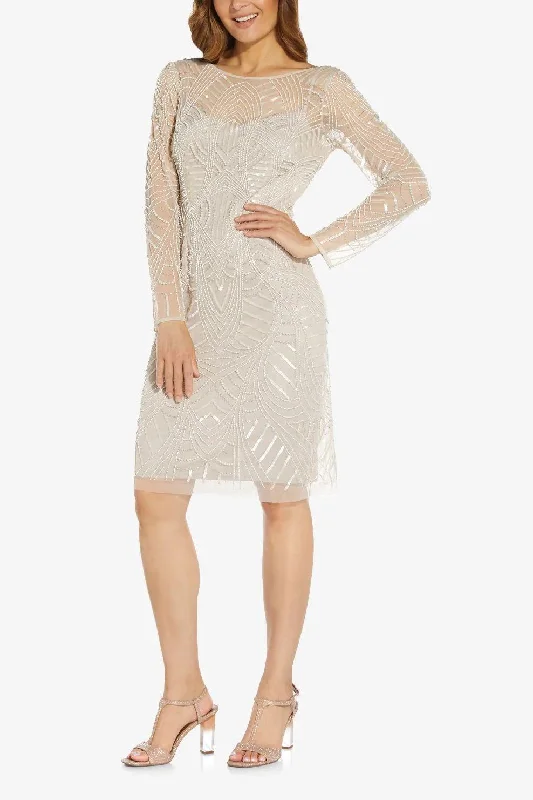 Save More Than Ever!Adrianna Papell AP1E208662 Short Long Sleeve Embellished Mesh Dress