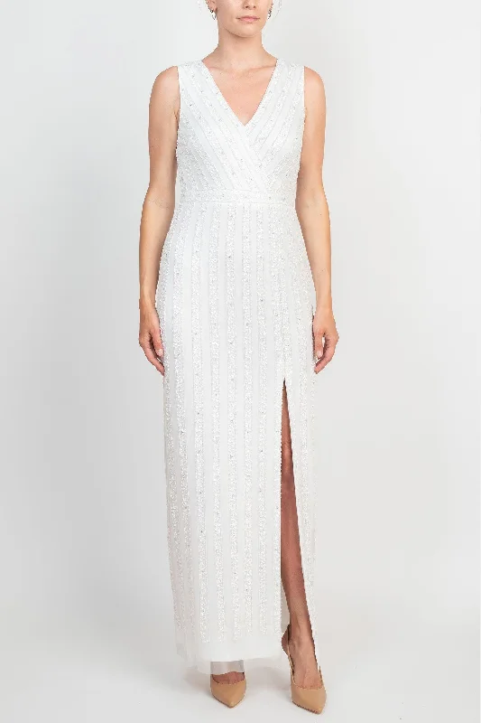 The Best Deals Won’t Wait!Adrianna Papell AP1E208752 Sleeveless Banded Waist Slit Formal Mesh Dress