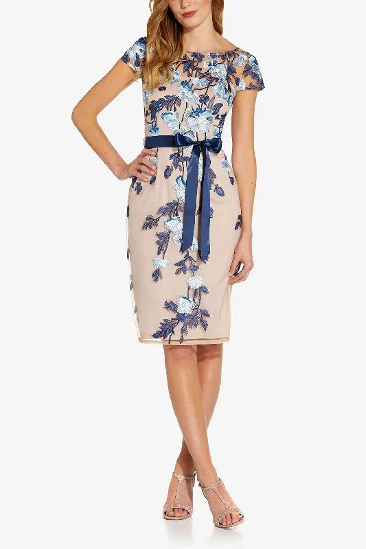 Today Only – Don’t Miss It!Adrianna Papell AP1E209198 P  Short Sleeves Ribbon Bow Waist Detail Midi Formal Dress
