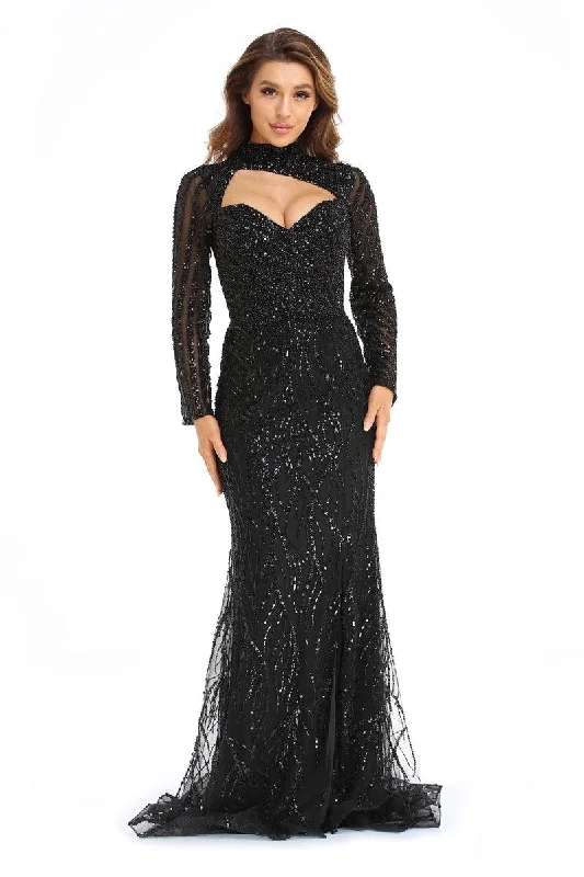 Best Price of the Season!High Couture NR2247 Long Sleeve Formal Beaded Prom Gown