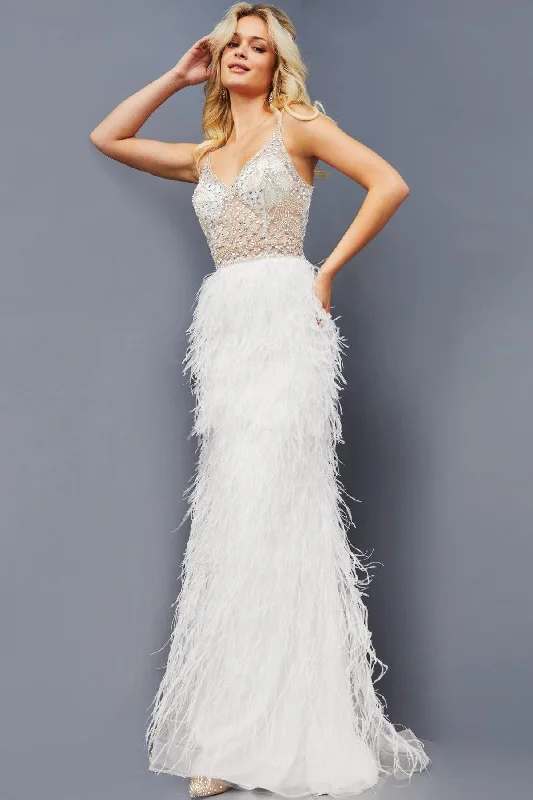 Huge Price Cuts Await!Jovani 08525 Long Spaghetti Strap Feather Skirt Prom Dress