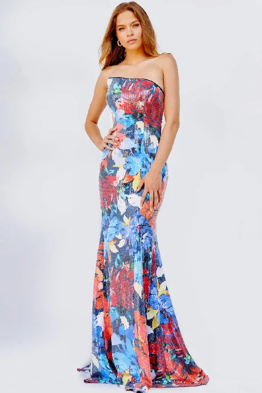 Your Chance to Save is Now!Jovani 23907 Long Strapless Floral Print Prom Gown