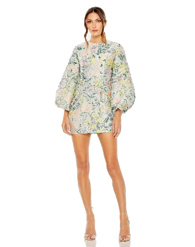 Limited Stock Available!Mac Duggal 11609 Short Floral Puff Sleeve Cocktail Dress
