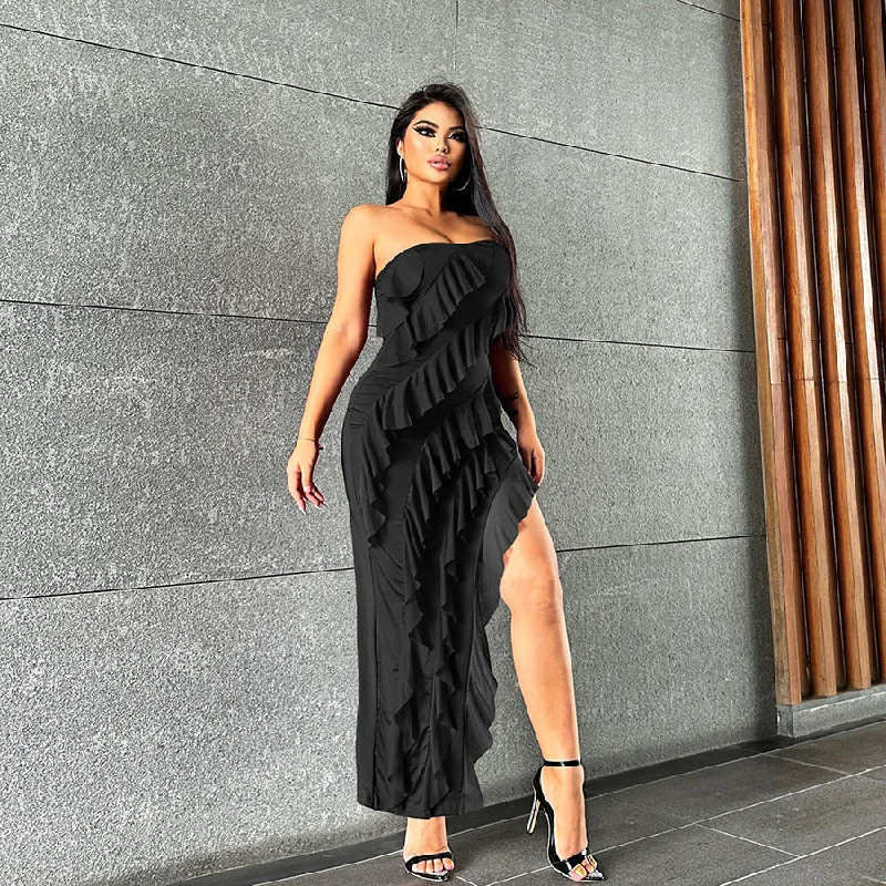 Shop Now and Save!27262 Mesh Ruffles Strapless Dress Split Evening Party Prom Wear Dresses Women Sexy