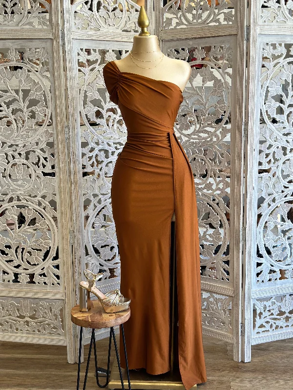 Snag the Best Prices Now!Bronze One Sleeve Ruched Formal Dress- Stretchy