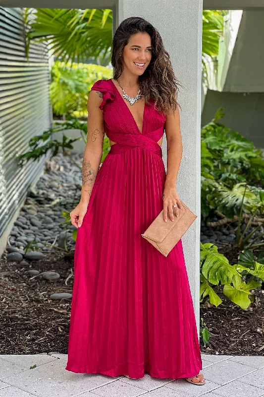 Shop Smart, Save Big!Burgundy Pleated Lace Up Back Maxi Dress