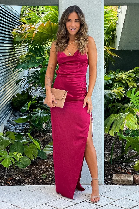 Limited Time Offer!Burgundy Satin Dress With Ruched Side