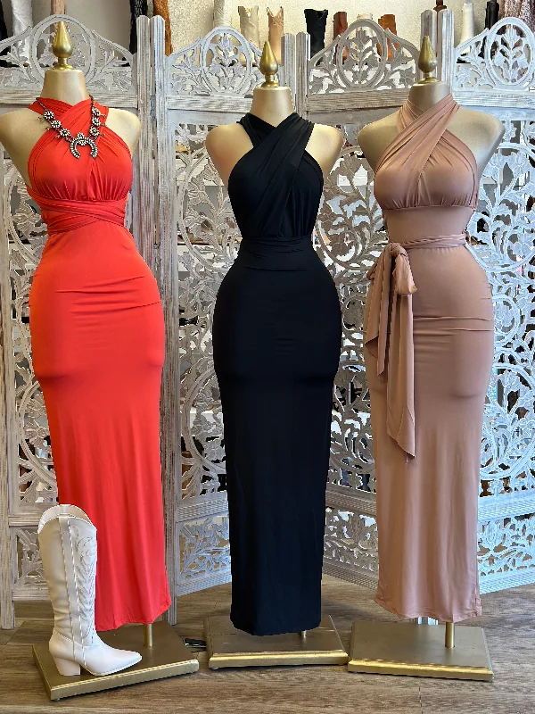 Steals and Deals Await!Cross Strap Ruched Maxi Dress- Stretchy