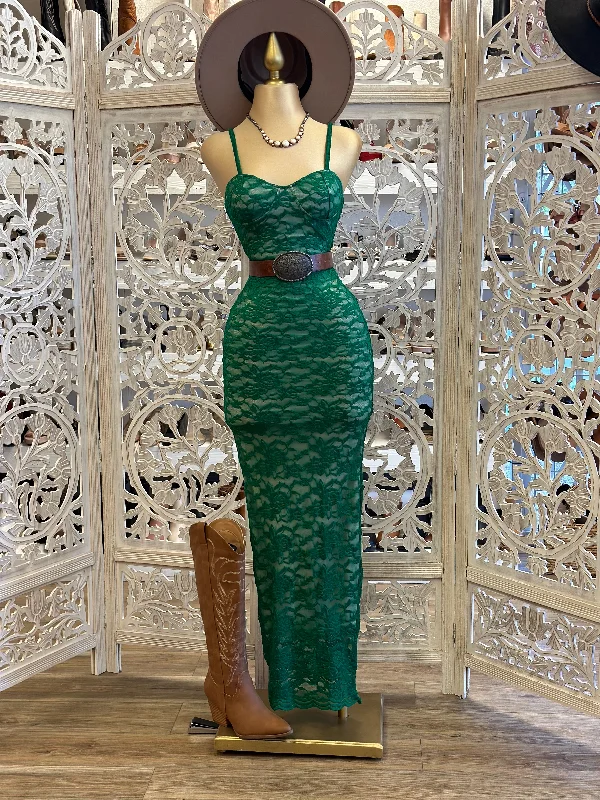 Hurry, Sale Ends Soon!Dark Green Lace Maxi Dress- Stretchy