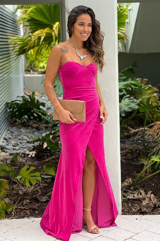 Buy More, Save More!Fuchsia Strapless Velvet Maxi Dress