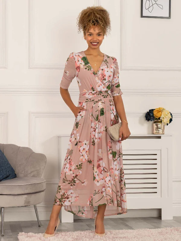 Find the Best Deals Here!Gavina Ruched Sleeve Mesh Maxi Dress, Dusty Pink