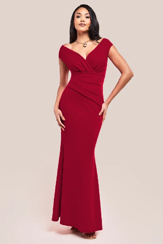Your Dream Deal is Here!Goddiva Bardot Pleated Maxi Dress - Wine