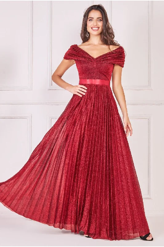 Limited-Time Price Drop!Goddiva Bardot Pleated Skirt Maxi Dress - Wine
