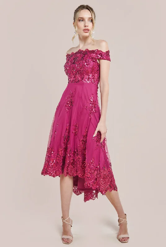 Don't Miss Out!Goddiva Bardot Sequin & Lace High Low Midi - Magenta