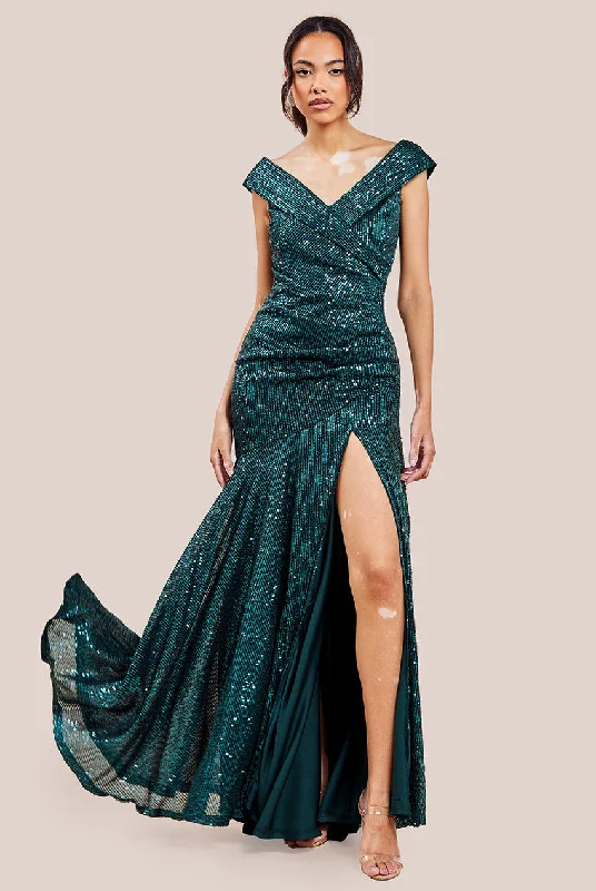 Today Only – Don’t Miss It!Goddiva Bardot Sequin Pleated Maxi Dress - Emerald Green