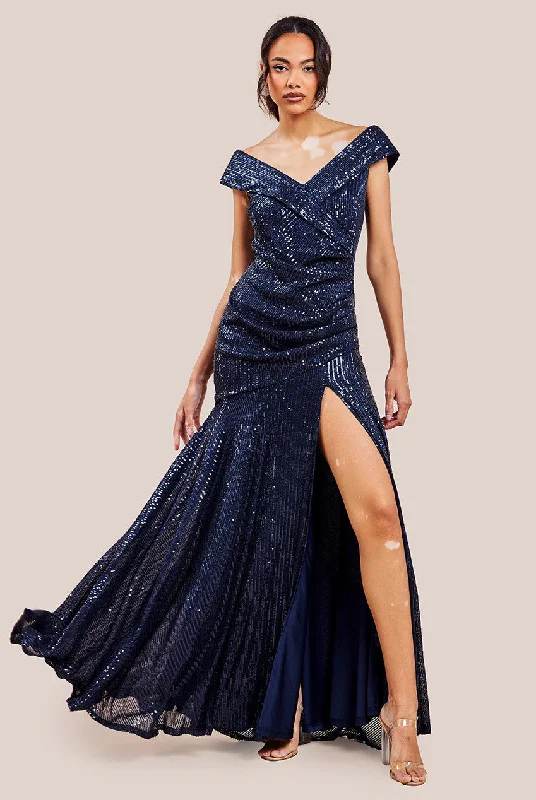 Limited Edition, Limited Price!Goddiva Bardot Sequin Pleated Maxi Dress - Navy