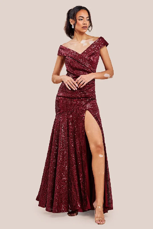 Bigger Savings, Better Shopping!Goddiva Bardot Sequin Pleated Maxi Dress - Wine
