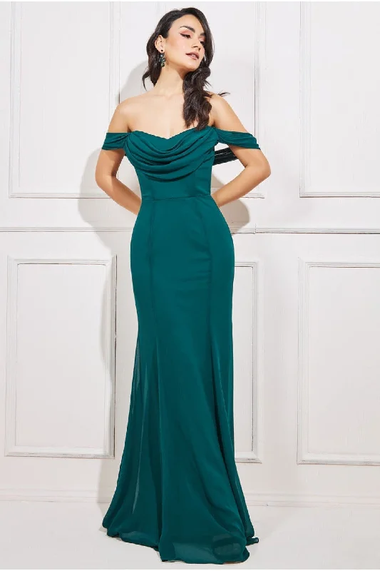 Mega Sale Happening Now!Goddiva Chiffon Bardot Cowl Neck Maxi Dress - Emerald Green