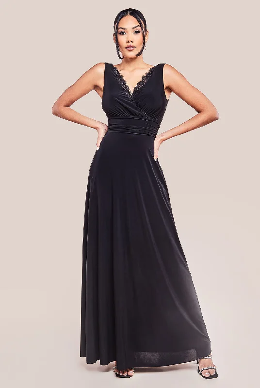 Save More with Every Purchase!Goddiva Diamante & Scalloped Lace Neck Maxi Dress - Black