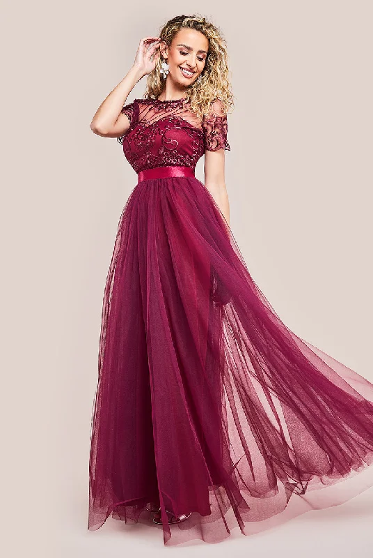 Must-Have Deals Inside!Goddiva Embroidered Mesh Maxi Dress - Burgundy
