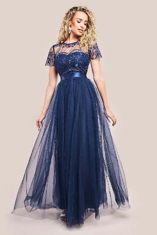 Best Price of the Season!Goddiva Embroidered Mesh Maxi Dress - Navy