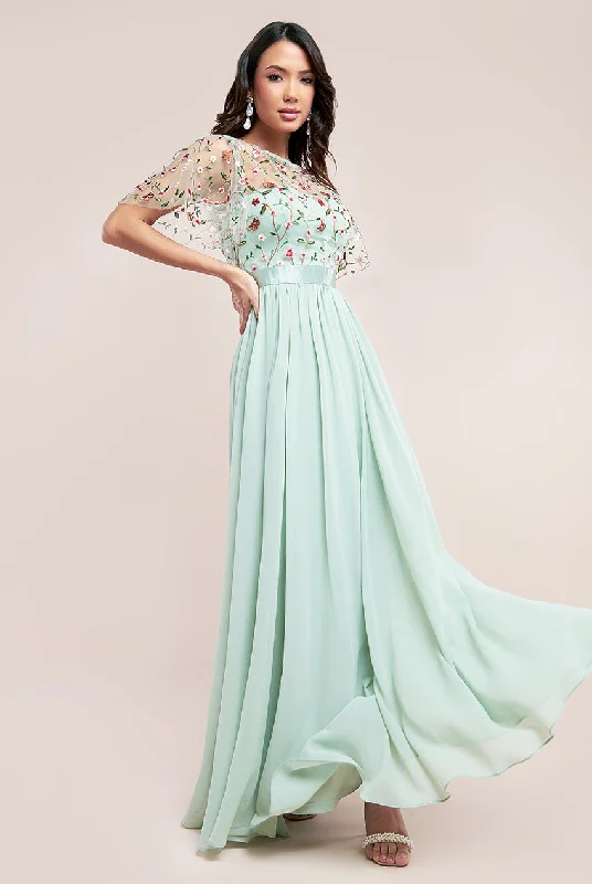 Biggest Sale of the Season!Goddiva Embroidered Top Flutter Sleeve Maxi - Sage Green