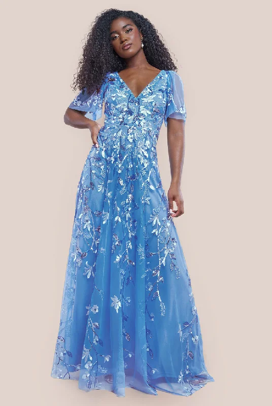 Steals and Deals Await!Goddiva Flared Sleeve Embroidered Maxi Dress - Cornflower Blue