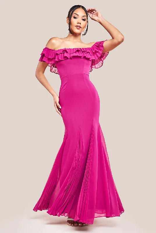 Huge Savings – Act Now!Goddiva Frilled Off The Shoulder Pleated Chiffon Maxi Dress - Magenta