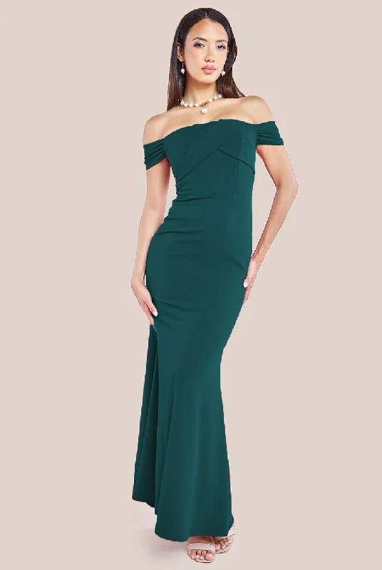 The Best Sale of the Year!Goddiva Pleated Bardot Scuba Maxi Dress - Emerald Green