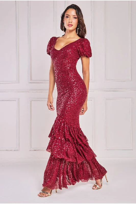 Massive Price Cuts!Goddiva Puff Sleeve Tiered Hem Maxi Dress - Wine