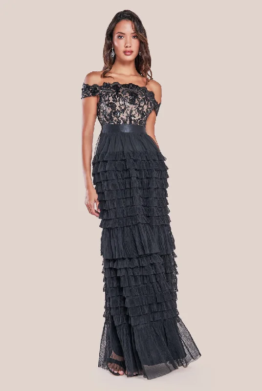 More Discounts, More Joy!Goddiva Scallop Bardot Ruffle Mesh Maxi - Black