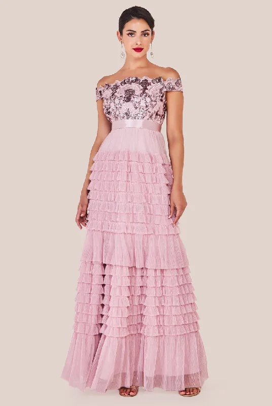 Exclusive Offers You’ll Love!Goddiva Scallop Bardot Ruffle Mesh Maxi - Blush