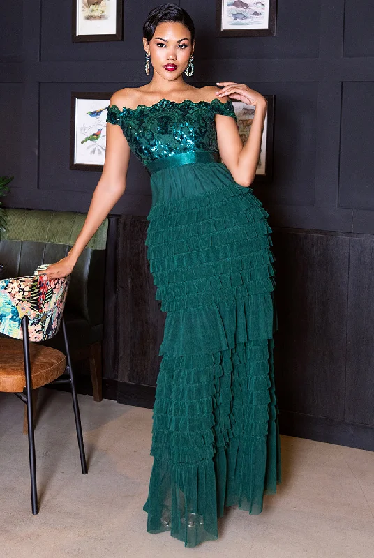 Save Money, Shop Happy!Goddiva Scallop Bardot Ruffle Mesh Maxi - Emerald Green