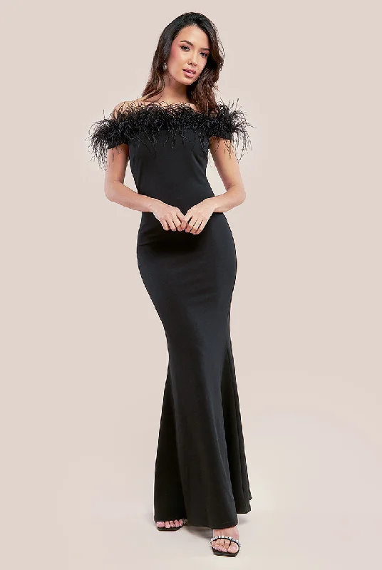 Limited Deals, Unlimited Savings!Goddiva Scuba Off The Shoulder Feather Trim Maxi - Black