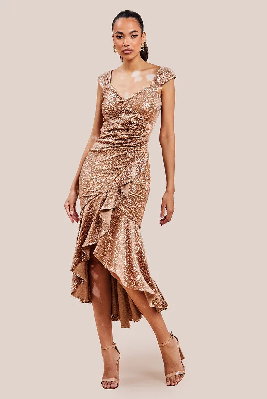 Your Discount is Waiting!Goddiva Sequin & Velvet Bardot High Low Midaxi Dress - Champagne