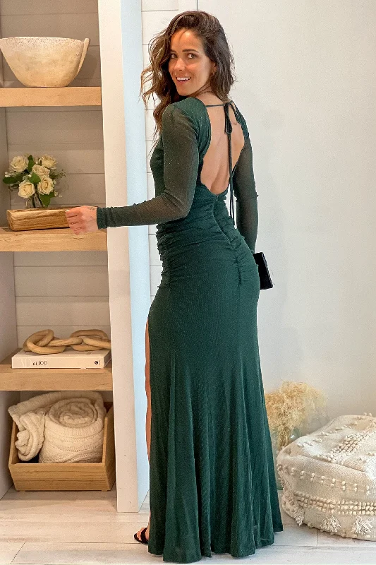 Upgrade for Less!Hunter Green Glitter Maxi Dress With Slit And Open Back