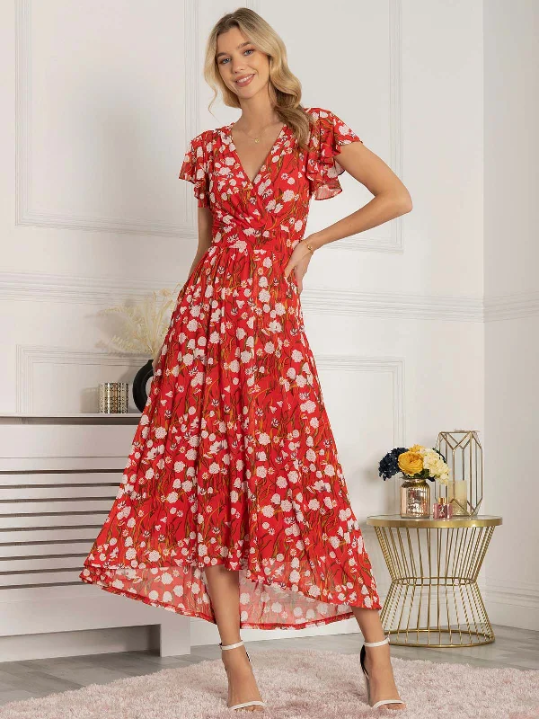 Only a Few Left – Order Now!Jolie Moi Eleanor Wrap Mesh Maxi Dress, Red Floral