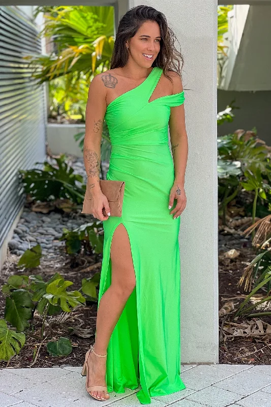 Don’t Wait – Deals Won’t Last!Kiwi One Shoulder Maxi Dress With Cut Out And Slit