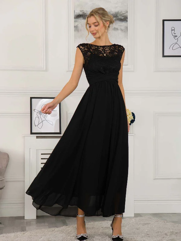Buy More, Pay Less!Lace Bodice Chiffon Maxi Bridesmaid Dress, Black