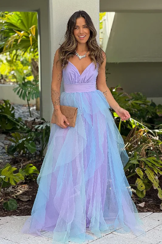Huge Savings – Act Now!Lavender And Blue Ruffled Mesh Maxi Dress